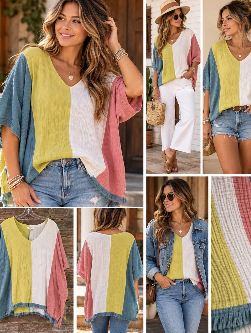Umgee USA Size XL Colorblock Cotton Gauze Hi-Low Boho Top